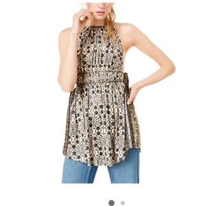 FREE PEOPLE Top Womens Medium Beige Printed Sleeveless Halter Mini Sheath